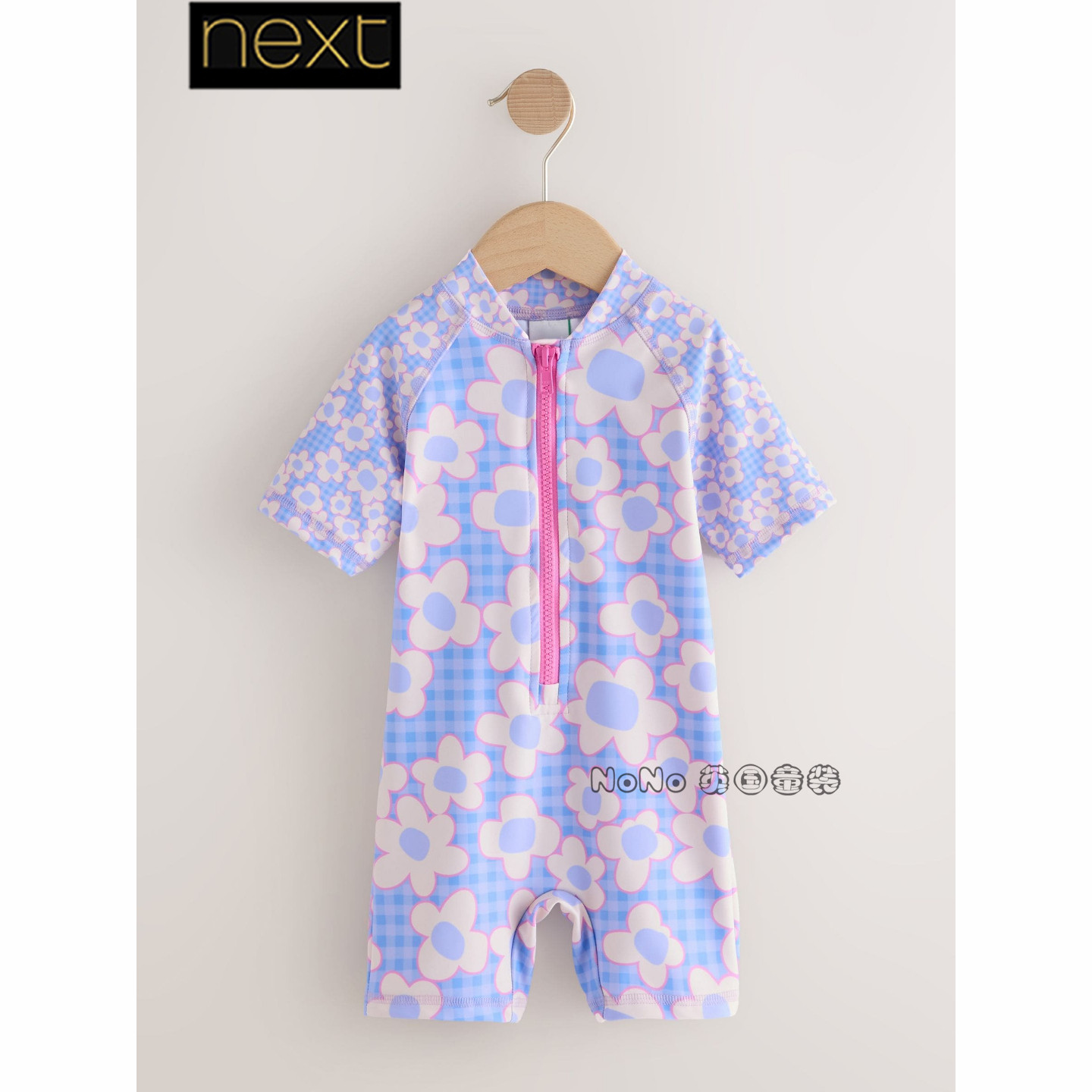 英国Next正品代购女童蓝色格子花朵连体泳衣拉链套头W45-725