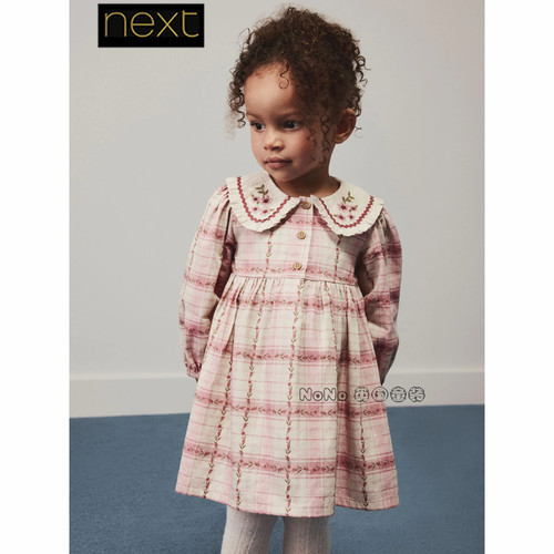 英国Next代购女童粉色刺绣格子翻领全棉长袖连衣裙1-8岁V32-675