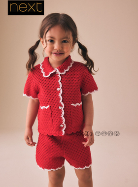 英国Next女童红色针织翻领polo短袖T恤短裤套装1-7岁新款H85-308