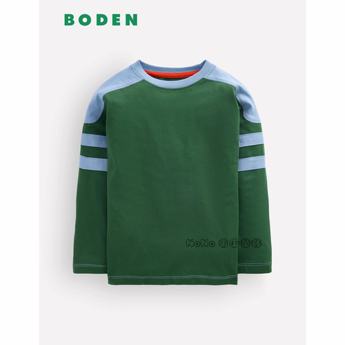 代购英国Mini BODEN正品男童蓝绿拼色长袖T恤全棉2-14岁新款B3260