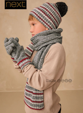英国Next男童亲子灰红色条纹帽子围巾手套保暖毛线3-16岁F32-307