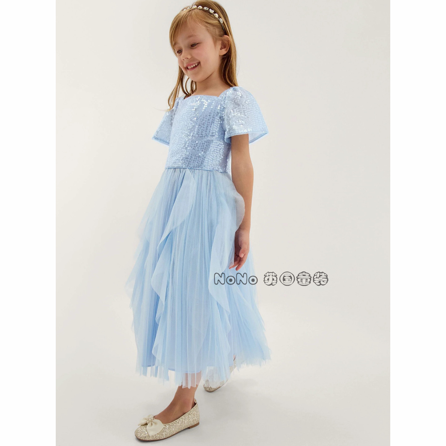 英国Monsoon正品女大童蓝色亮片礼服演出连衣裙3-13岁新款T78-282