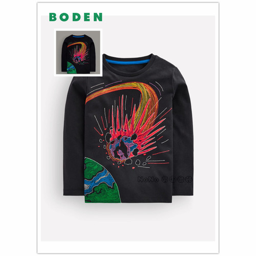 英国Mini BODEN男童黑色夜光流星刺绣长袖T恤纯棉2-12岁新款B3083