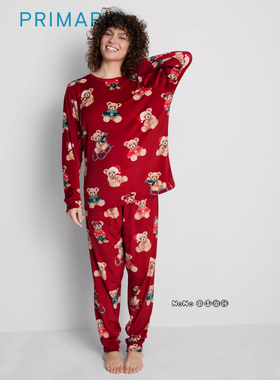 代购英国Primark女款大童红色小熊新年保暖绒长袖家居服睡衣裤