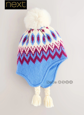 代购英国Next正品女童蓝色费尔岛毛线帽子护耳毛球1-13岁F45-017
