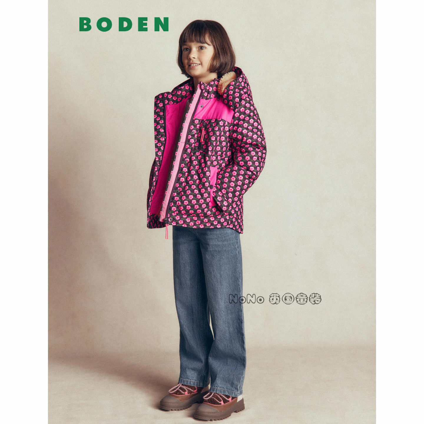 英国Mini BODEN女童粉色碎花防雨雪外套棉服加厚棉衣2-14岁G6115