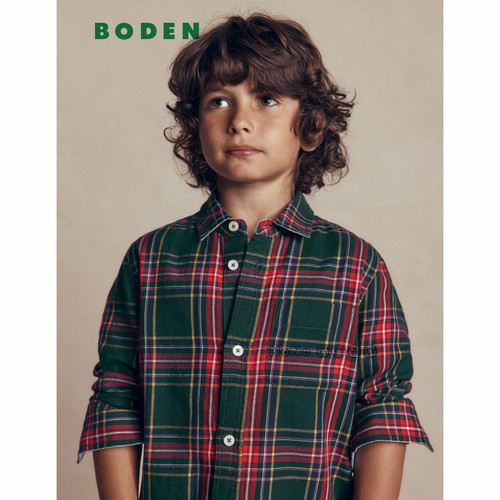 代购英国Mini BODEN男童红绿色格子衬衫长袖衬衣纯棉2-14岁B2779