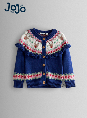 英国JoJo Maman Bebe女童蓝色费尔岛驯鹿开襟毛衣针织衫H15-857