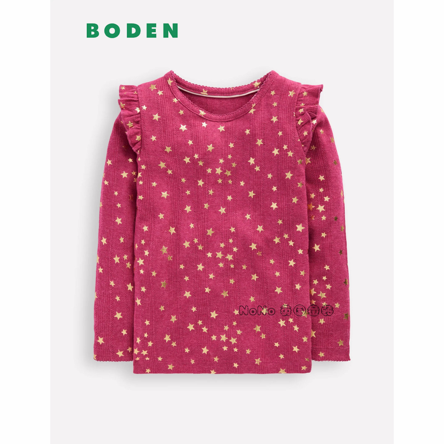 代购英国Mini BODEN女童红色金星星荷叶长袖T恤纯棉2-12岁G5655