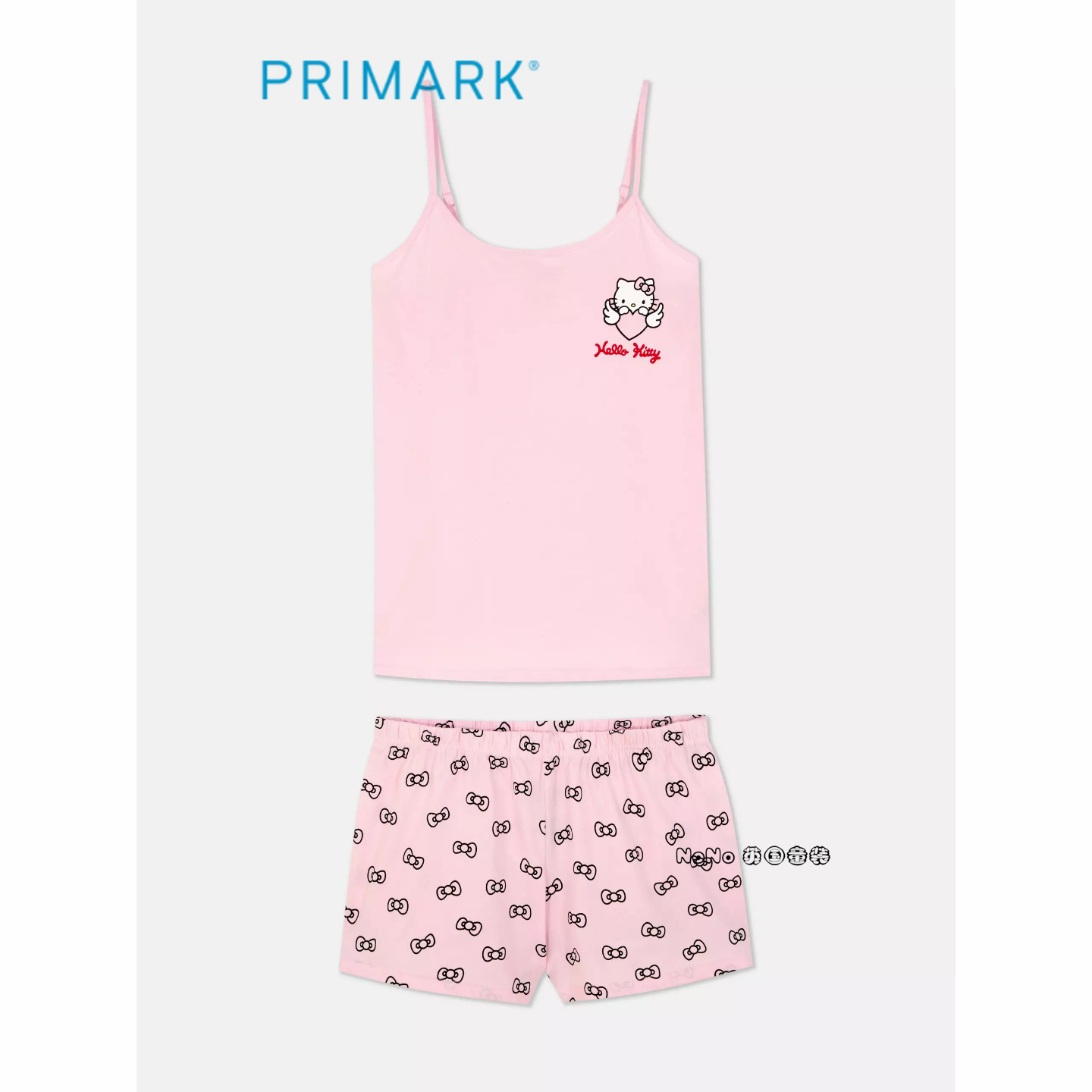 代购英国Primark女款成人大童粉色KITTY吊带家居服睡衣短裤纯棉