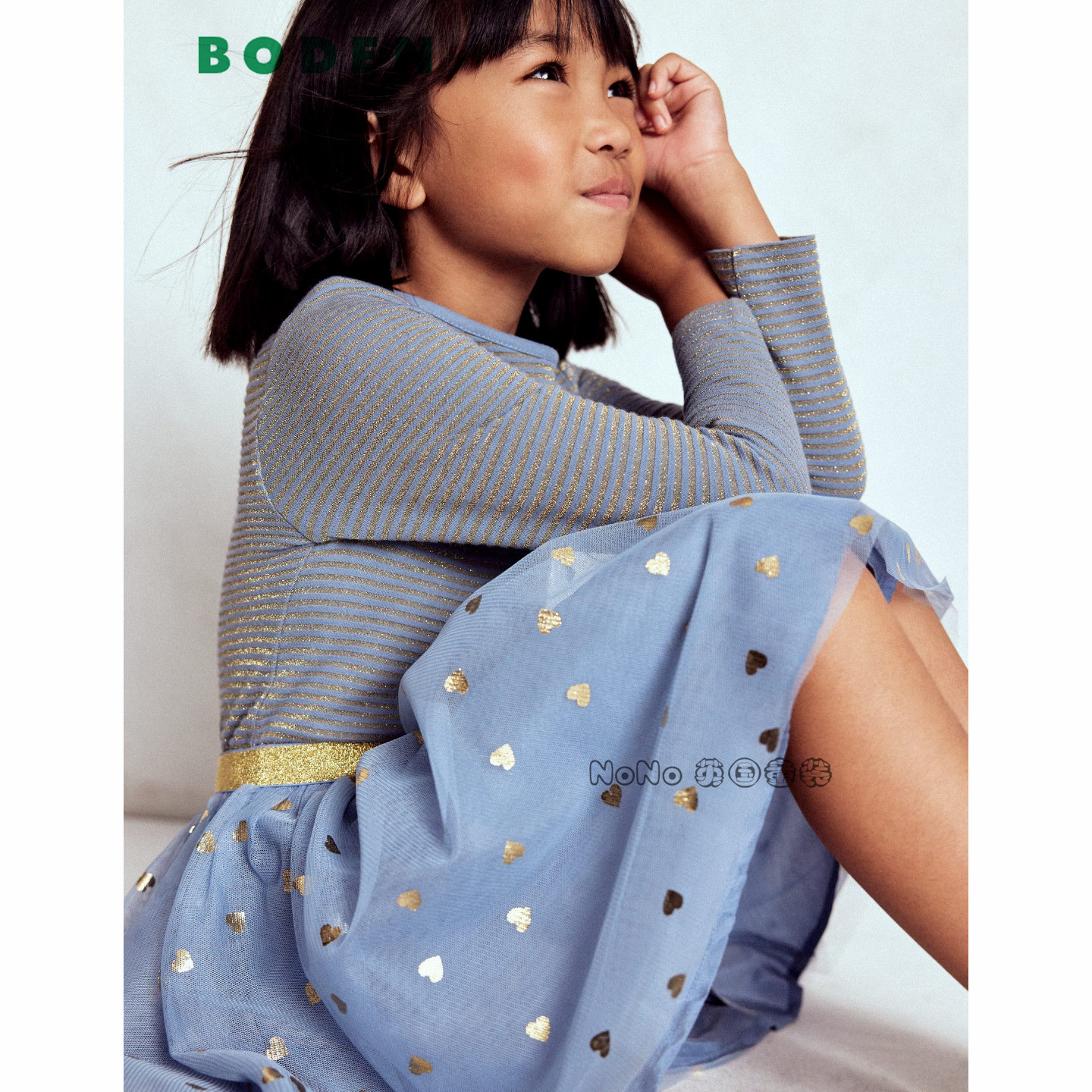 代购英国Mini Boden女童蓝色条纹网纱长袖纯棉连衣裙2-12岁G5649