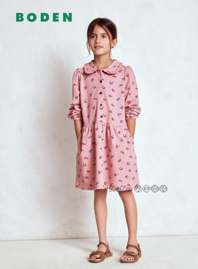英国Mini Boden女童粉色碎花娃娃翻领长袖连衣裙纯棉2-14岁G5510