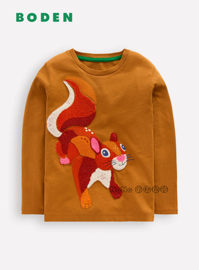 代购英国Mini BODEN儿童黄色松鼠刺绣长袖T恤纯棉衫2-8岁B3052