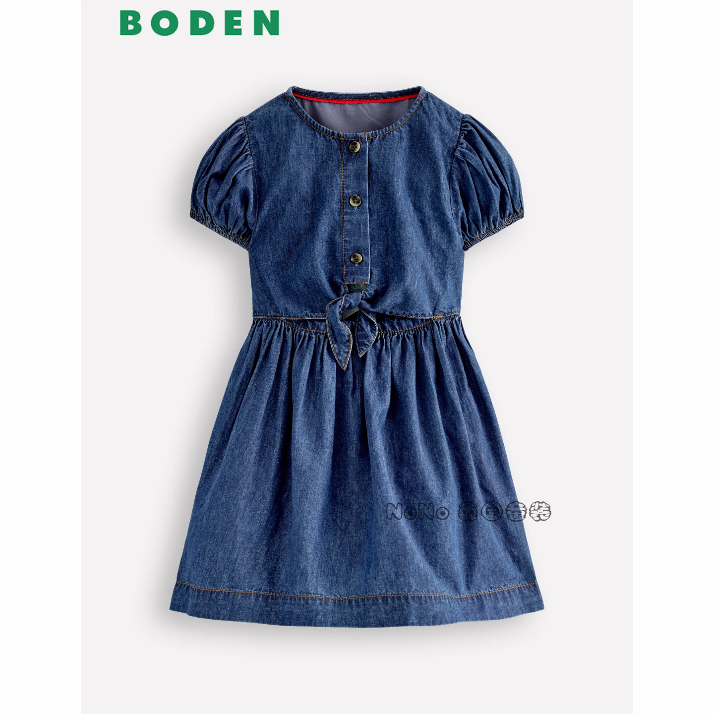英国Mini Boden女童蓝色牛仔系带全棉短袖连衣裙2-12岁新款G5987