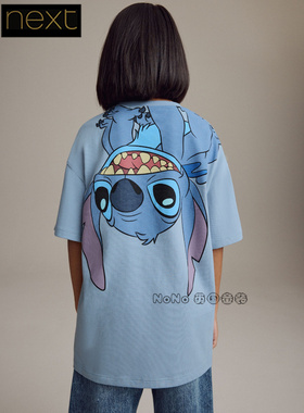 英国Next正品女大童亲子史迪奇仔蓝色T恤衫超宽松纯棉吸汗N94-091