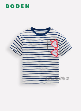 英国Mini BODEN女童蓝色条纹爱心眼镜印花短袖T恤全棉2-12岁G5920