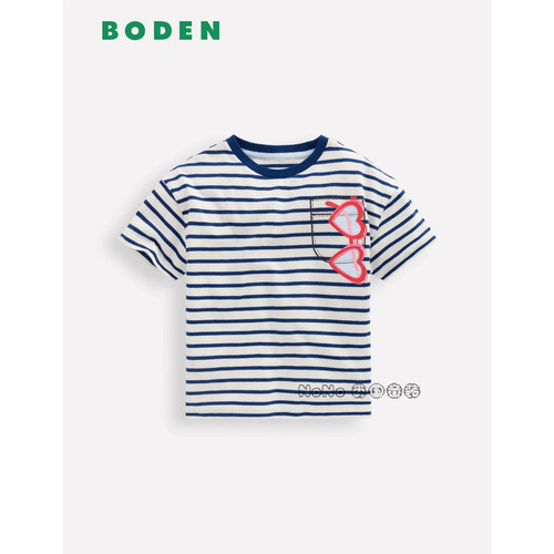 英国Mini BODEN女童蓝色条纹爱心眼镜印花短袖T恤全棉2-12岁G5920