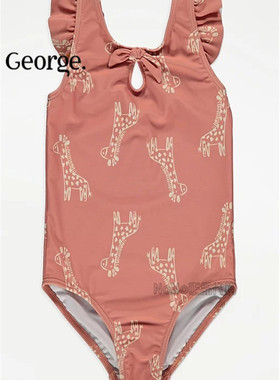 现货英国乔治George女童粉橙色长颈鹿印花褶边连体泳衣沙滩泳装