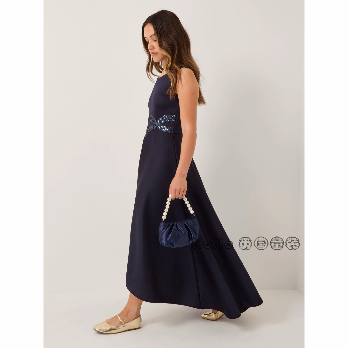 英国Monsoon女大童深蓝色长款亮片礼服演出连衣裙8-15岁Y25-784