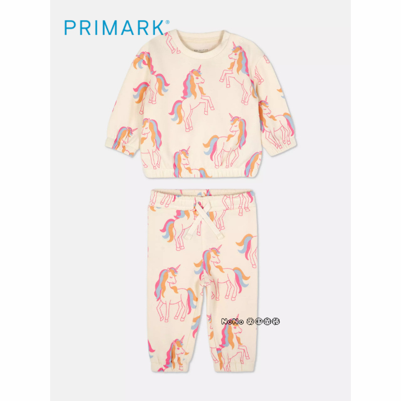 现货英国PRIMARK正品女童奶白粉色独角兽圆领卫衣运动裤套装薄绒