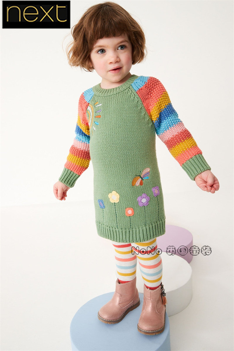 现货英国Next正品女童绿色彩虹刺绣毛衣连衣裙连裤袜套装D41-665