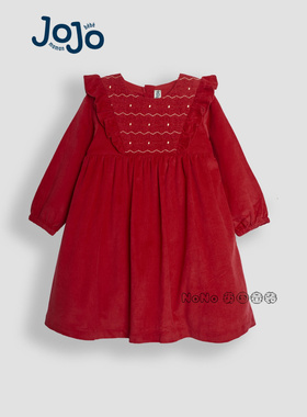 英国JoJo Maman Bebe女童新年红色长袖连衣裙纯棉1-7岁B74-317