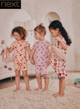 英国Next正品女童粉紫色花猫咪短袖家居服睡衣裤套装夏季AC0-792