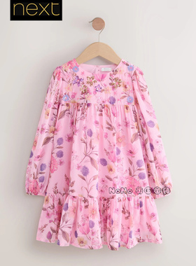英国Next正品代购女大童亲子粉红色碎花连衣裙长袖纯棉衬W32-326