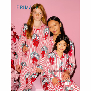 代购英国Primark女童红色条纹米妮米奇长袖家居服睡衣裤1-14岁