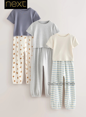 英国Next女大童亲子蓝白色条纹小熊短袖家居服睡衣长裤F21-546