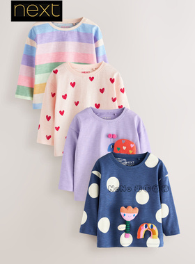 英国Next女童紫粉蓝色彩虹花朵3D立体长袖T恤衫纯棉1-7岁AR2-224