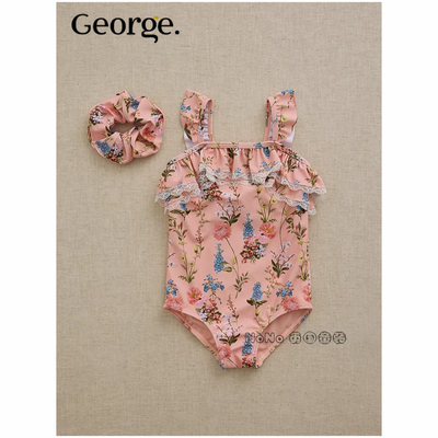 英国GEORGE乔治粉色碎花吊带连体泳衣温泉防晒发圈1-10岁1371314