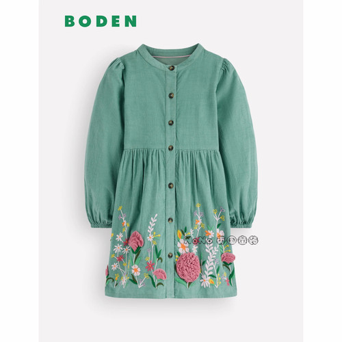英国Mini Boden女童灯芯绒刺绣花朵长袖连衣裙纯棉2-12岁G6119