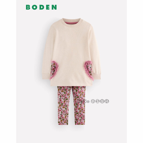 英国Mini Boden女童粉白爱心碎花长款T恤裙打底裤套装2-10岁G5635