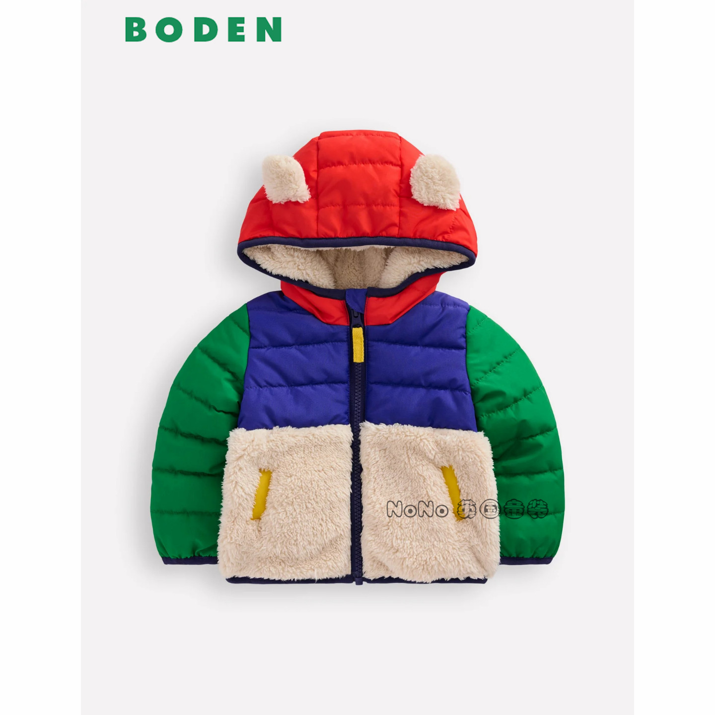 代购英国Baby BODEN婴童蓝绿红拼色棉服外套羊羔毛棉衣0-3岁Y2701