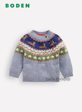 代购英国Mini BODEN婴童灰色小鹿毛衣针织衫羊毛费尔岛0-3岁Y2726
