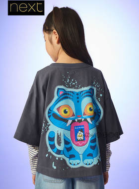 英国Next女大童款灰色老虎卡通短袖T恤运动衫休闲全棉新款G69-102