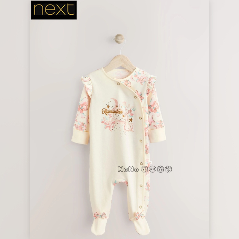 英国Next正品女婴儿粉色碎花长袖连体睡衣纯棉长爬连脚E61-710