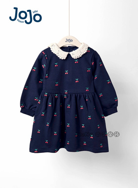 英国JoJo Maman Bebe女童深蓝色樱桃刺绣连衣裙纯棉1-7岁F89-479