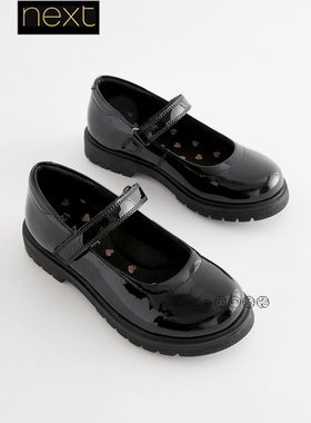 英国Next正品代购女大童黑色漆皮鞋礼服鞋魔术贴学院风D64-663