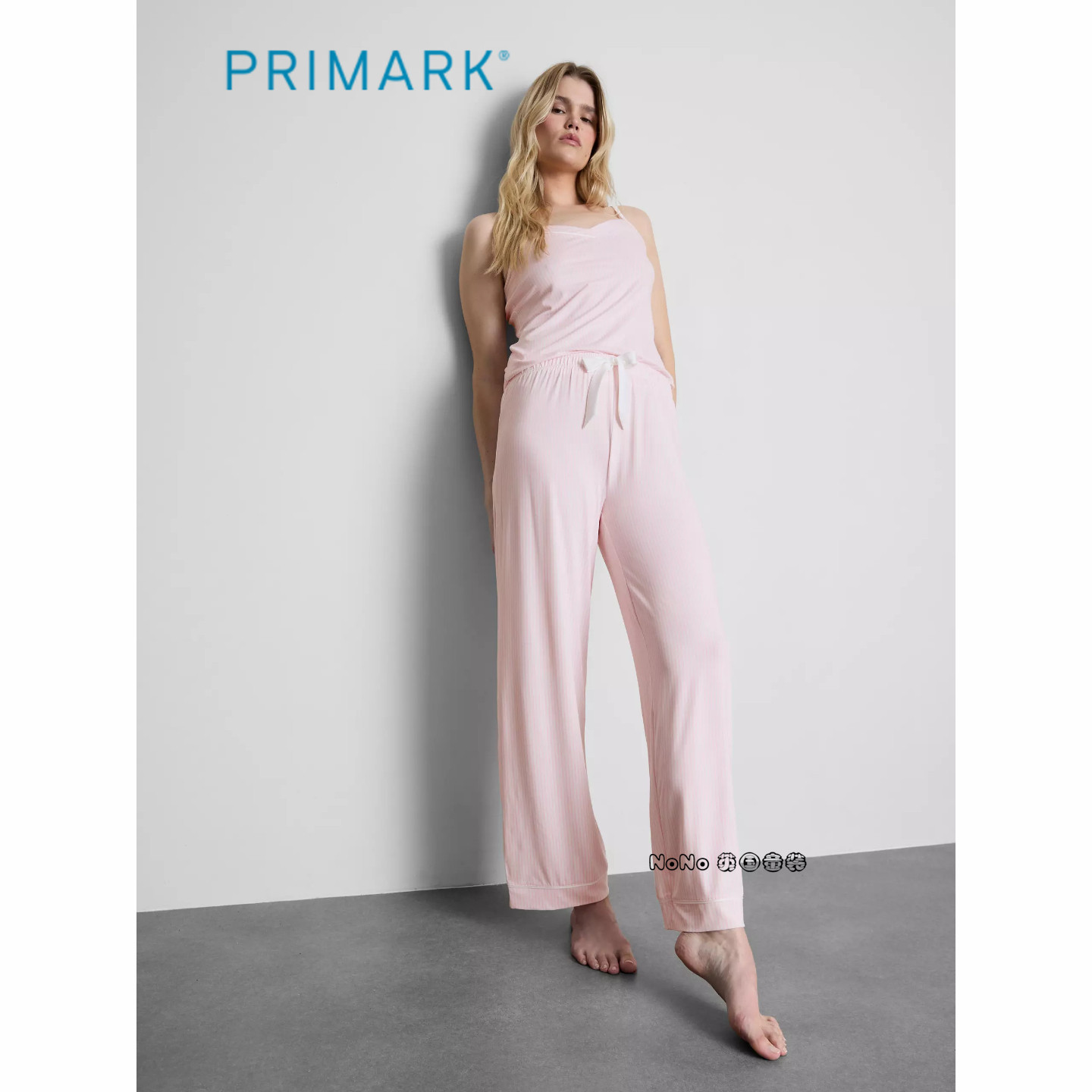 代购英国Primark女款成人大童粉色竖条纹吊带家居服睡衣长裤