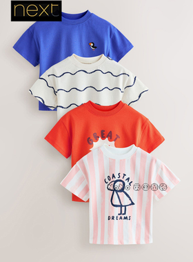 英国Next正品代购女童小鸟条纹粉蓝色短袖T恤运动衫全棉H58-987