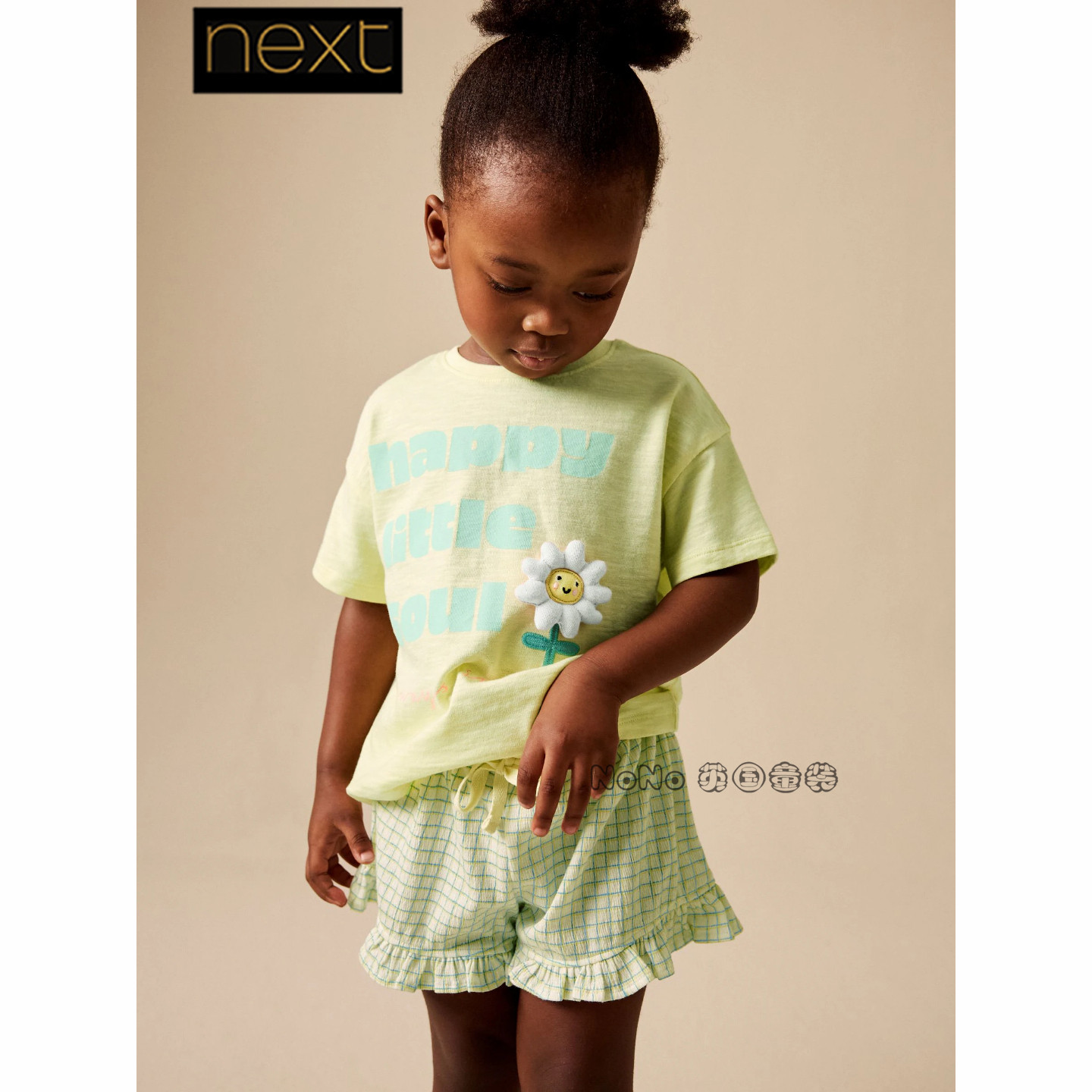 英国Next女童绿色花朵格子短袖T恤衫短裤套装全棉1-7岁H98-348