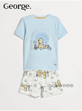 英国乔治George儿童蓝色维尼熊噗噗短袖家居服睡衣裤全棉1402532