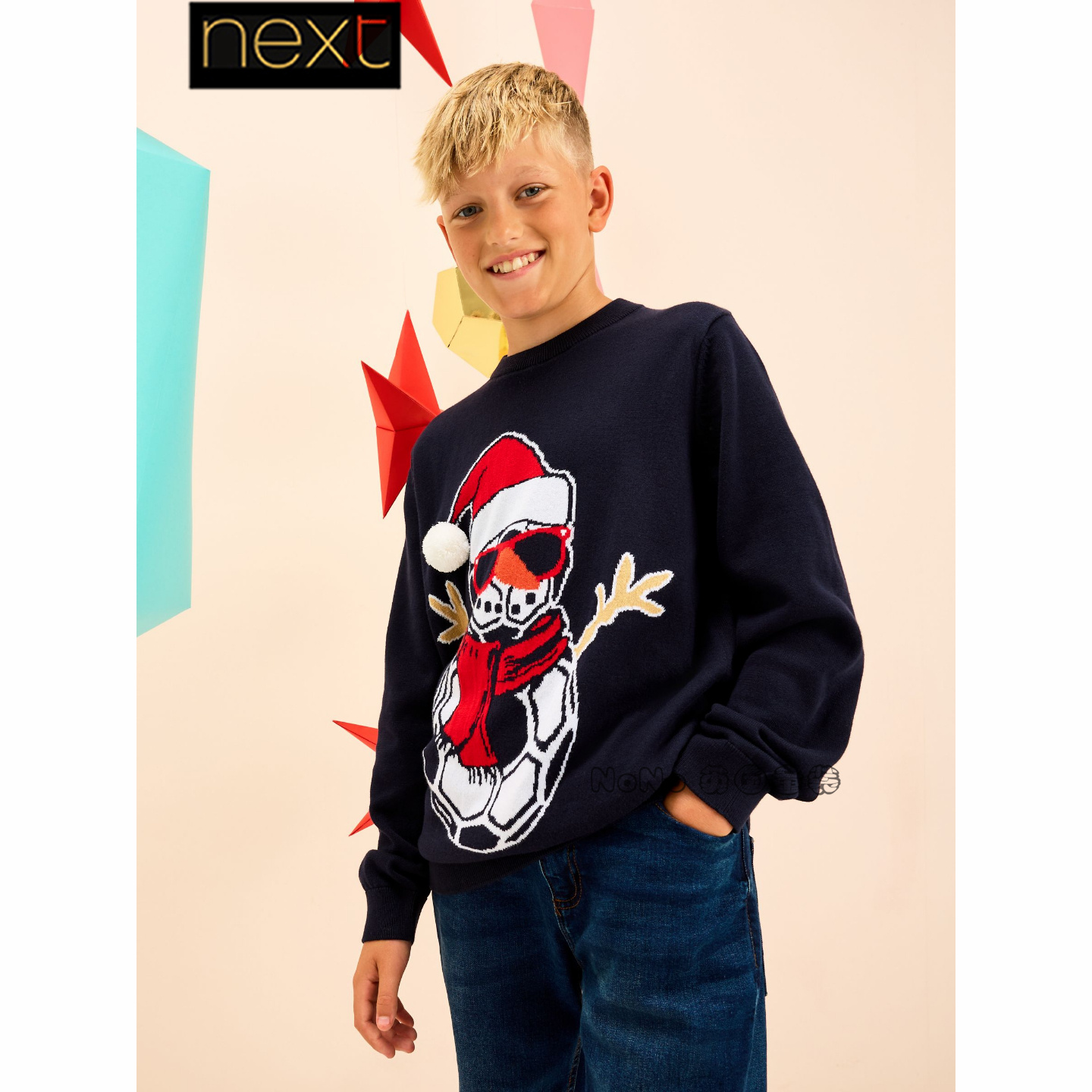 英国Next男大童亲子深蓝色足球雪人毛衣针织毛衫3-16岁F85-337