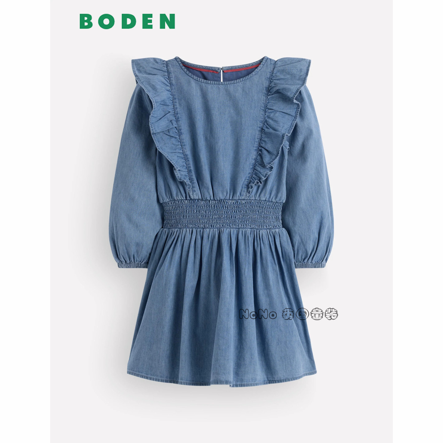 英国Mini Boden女童牛仔蓝色荷叶边全棉长袖连衣裙2-14岁G6068