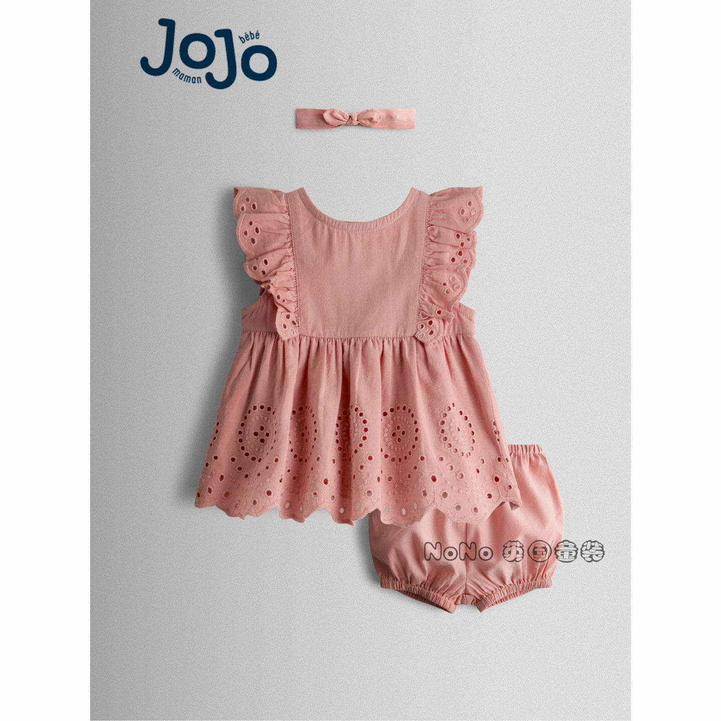 英国JOJO Maman Bebe婴童粉色刺绣T恤衫短裤发带套装全棉V08-987