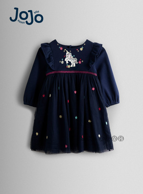 英国JoJo Maman Bebe女童深蓝色独角兽亮片连衣裙纯棉长袖H30-135