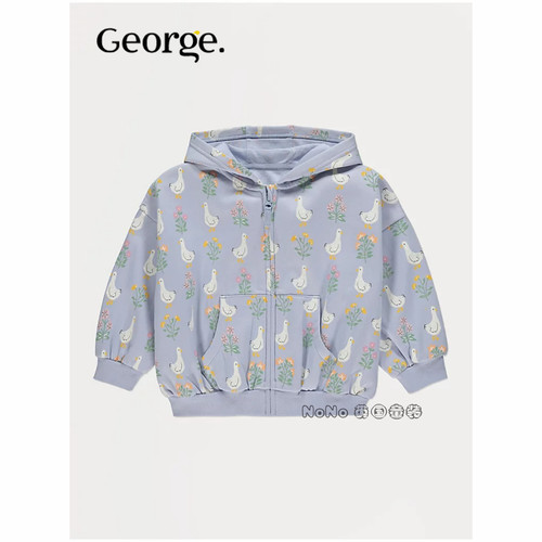英国乔治George女童蓝色碎花鹅卫衣运动衫拉链圆领长袖1439345