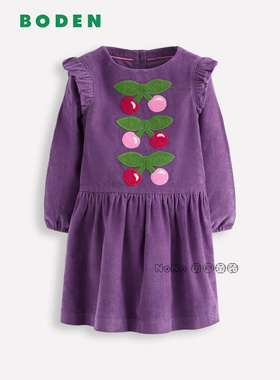 英国Mini Boden女童紫色灯芯绒樱桃长袖连衣裙纯棉2-10岁G5665